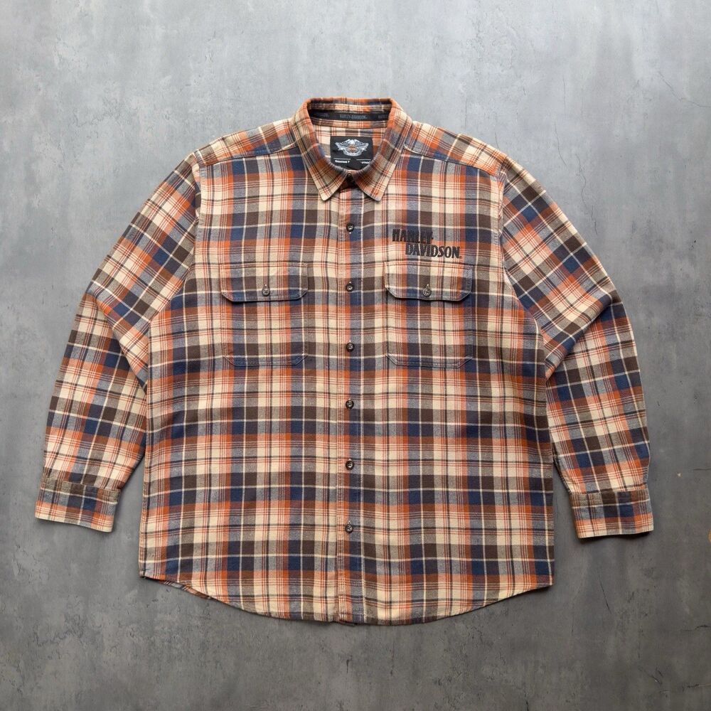 Harley-Davidson Men’s XL Plaid Flannel Shirt Embroidered Spell Out Brown Cotton